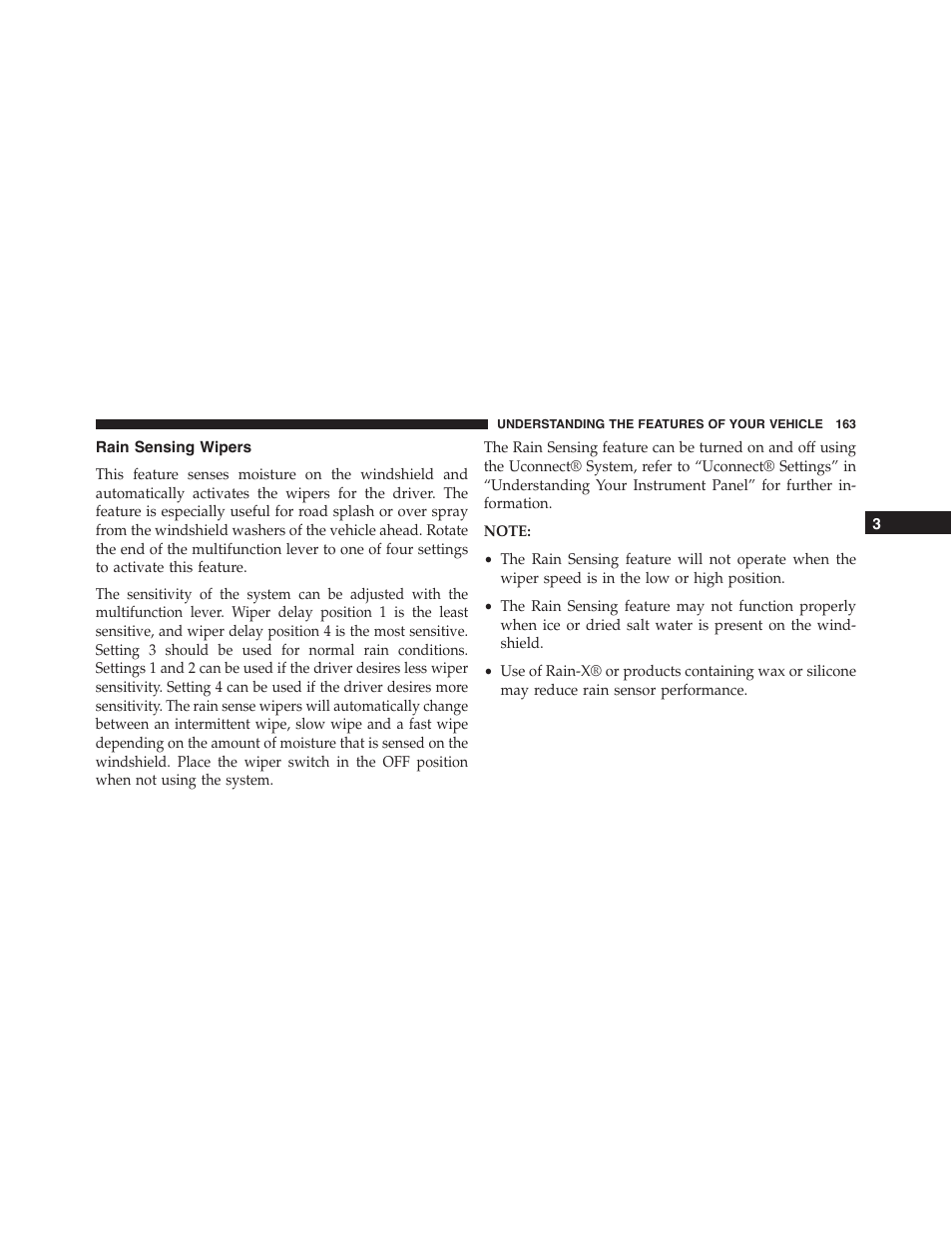 Rain sensing wipers | Chrysler 2015 300 - Owner Manual User Manual | Page 165 / 584
