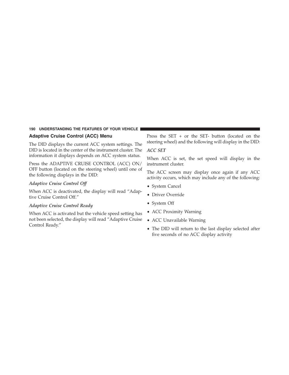 Adaptive cruise control (acc) menu | Chrysler 2015 300 - Owner Manual User Manual | Page 192 / 584