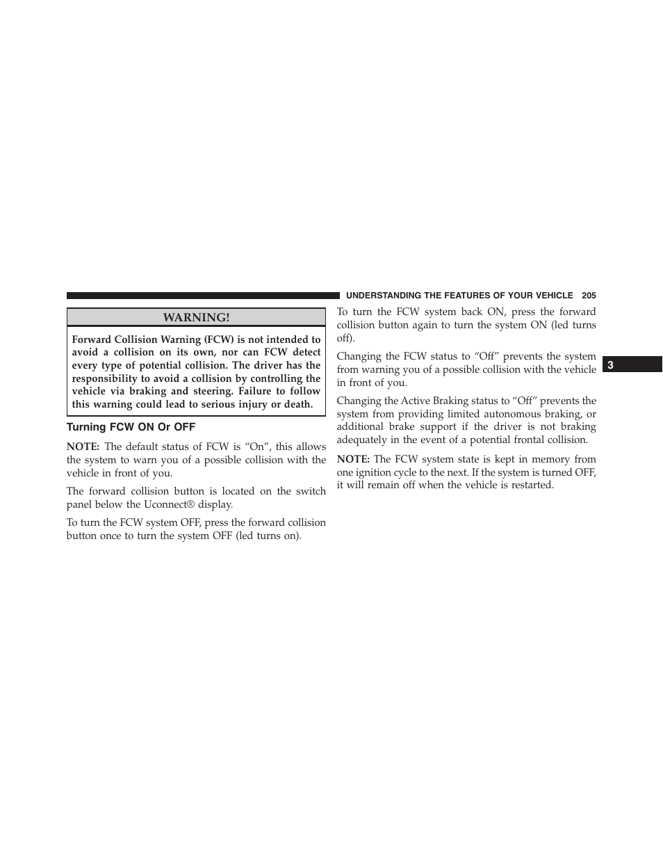 Turning fcw on or off | Chrysler 2015 300 - Owner Manual User Manual | Page 207 / 584