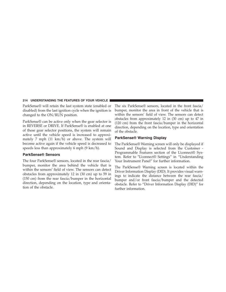 Parksense® sensors, Parksense® warning display | Chrysler 2015 300 - Owner Manual User Manual | Page 216 / 584