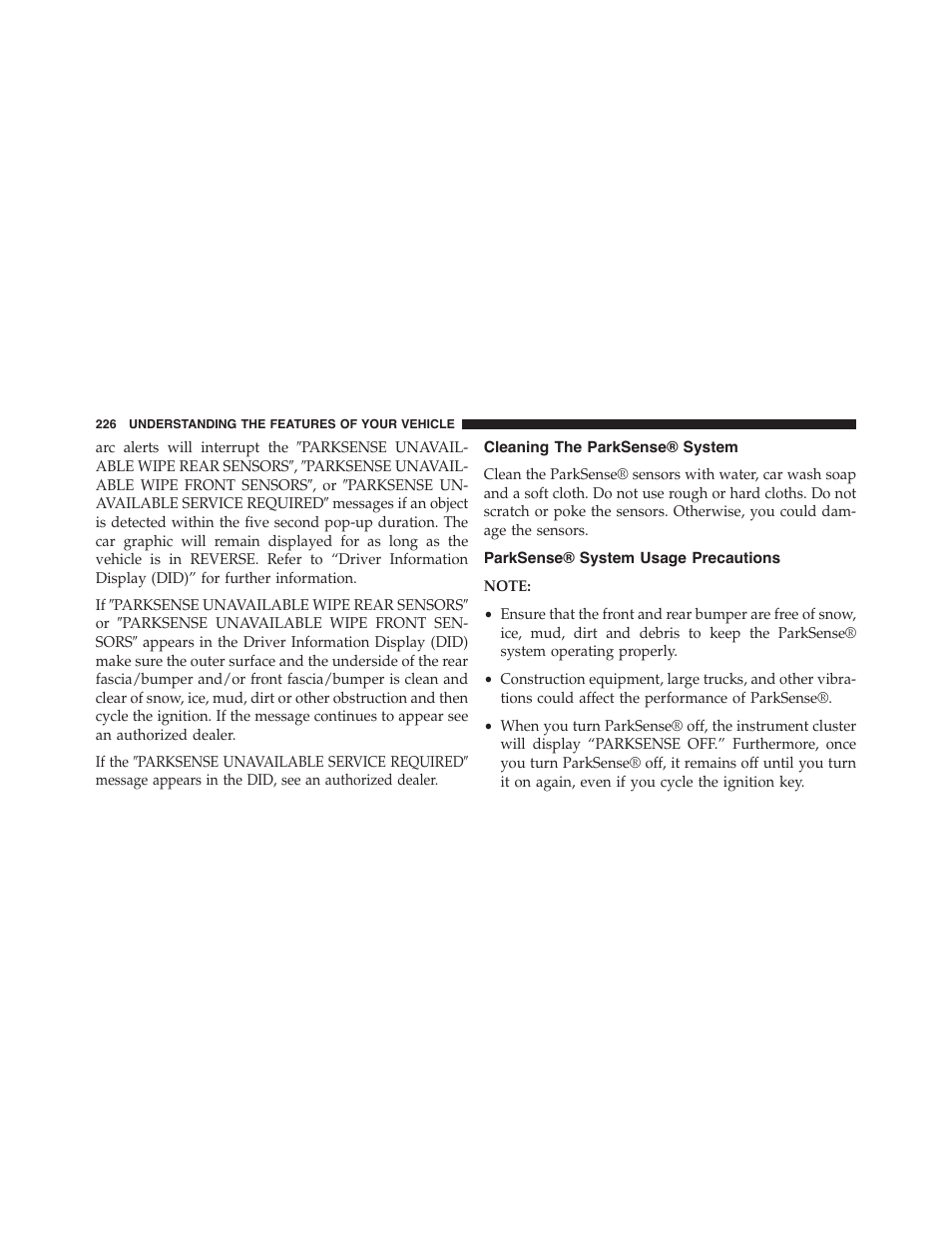 Cleaning the parksense® system, Parksense® system usage precautions | Chrysler 2015 300 - Owner Manual User Manual | Page 228 / 584