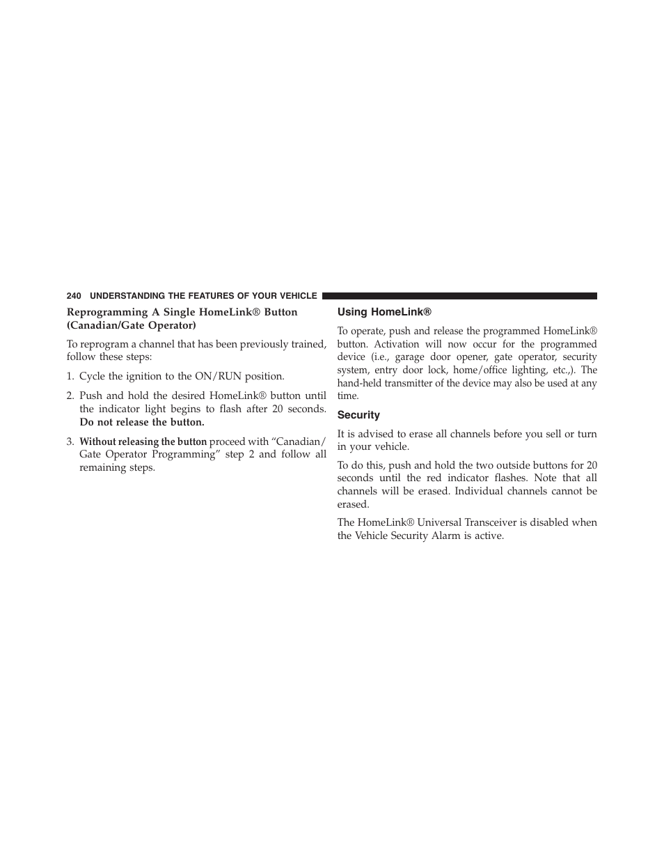 Using homelink, Security | Chrysler 2015 300 - Owner Manual User Manual | Page 242 / 584