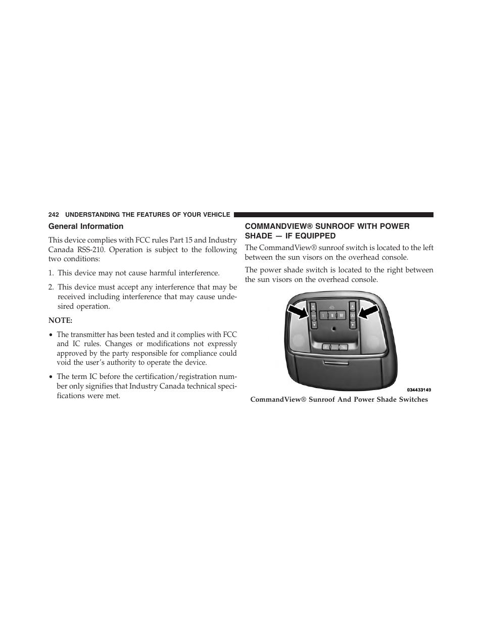 General information, Commandview® sunroof with power, Shade — if equipped | Chrysler 2015 300 - Owner Manual User Manual | Page 244 / 584