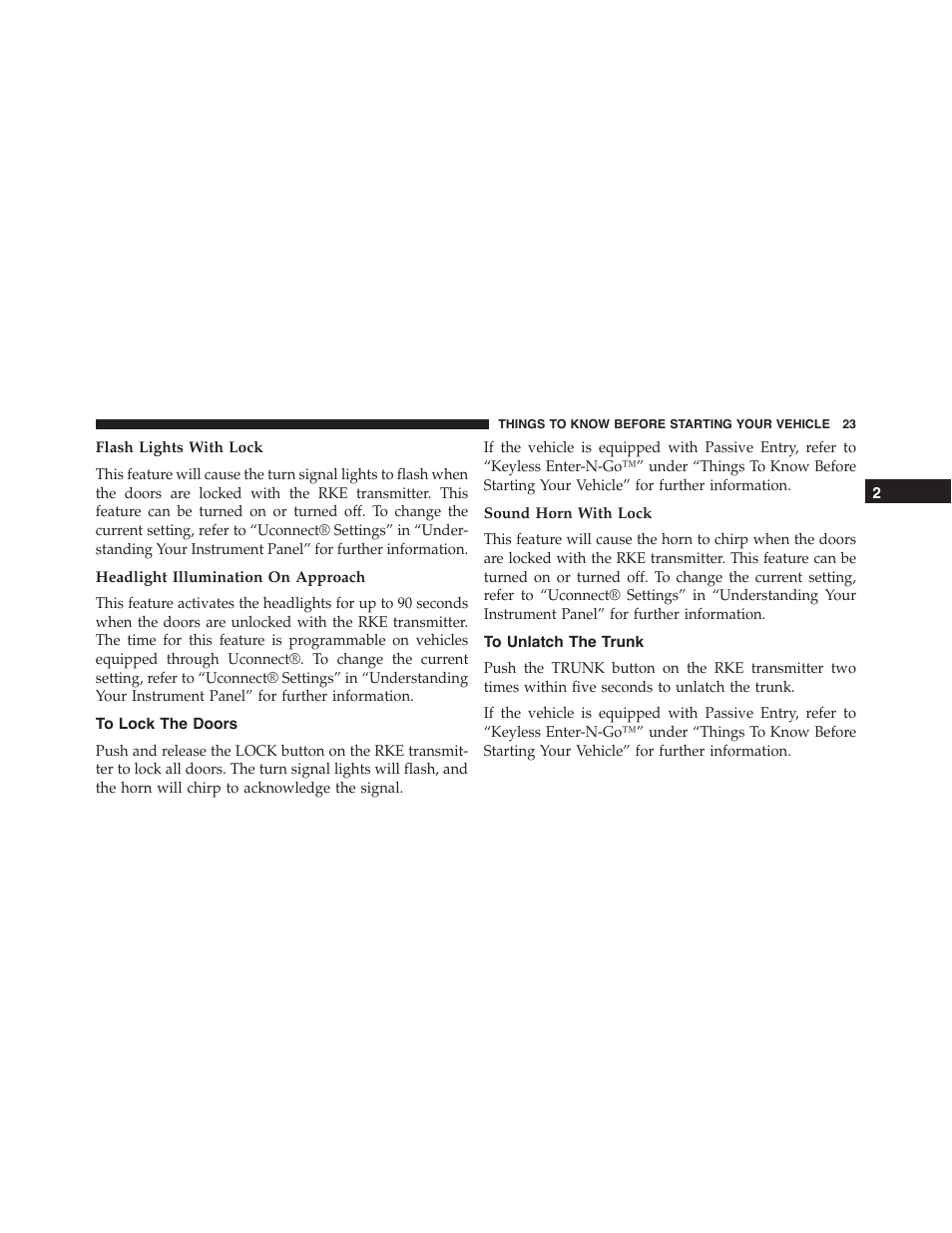 Flash lights with lock, Headlight illumination on approach, To lock the doors | Sound horn with lock, To unlatch the trunk | Chrysler 2015 300 - Owner Manual User Manual | Page 25 / 584