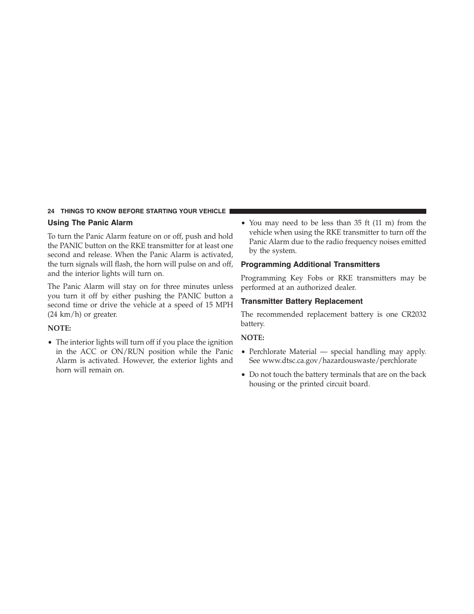 Using the panic alarm, Programming additional transmitters, Transmitter battery replacement | Chrysler 2015 300 - Owner Manual User Manual | Page 26 / 584