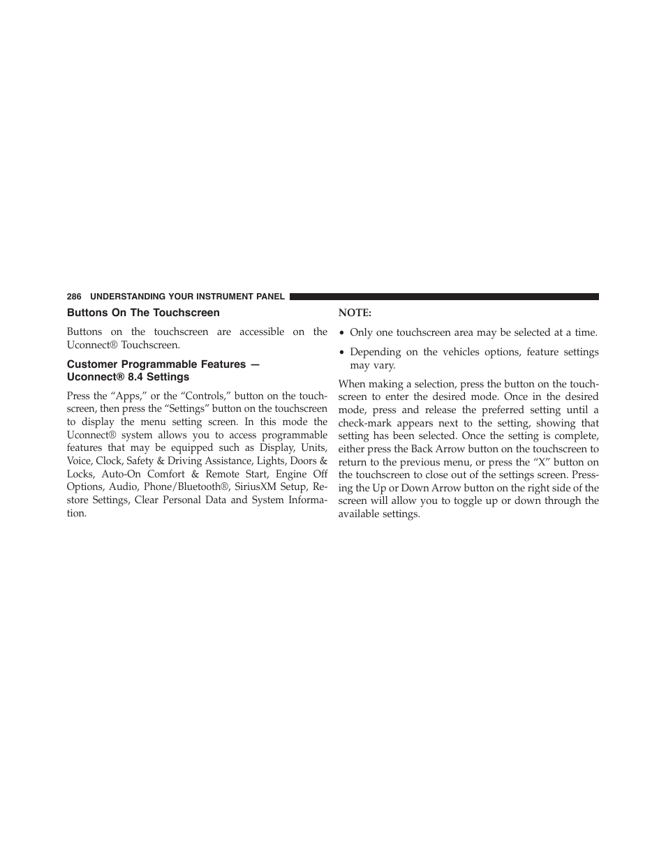 Buttons on the touchscreen, Customer programmable features, Uconnect® 8.4 settings | Chrysler 2015 300 - Owner Manual User Manual | Page 288 / 584