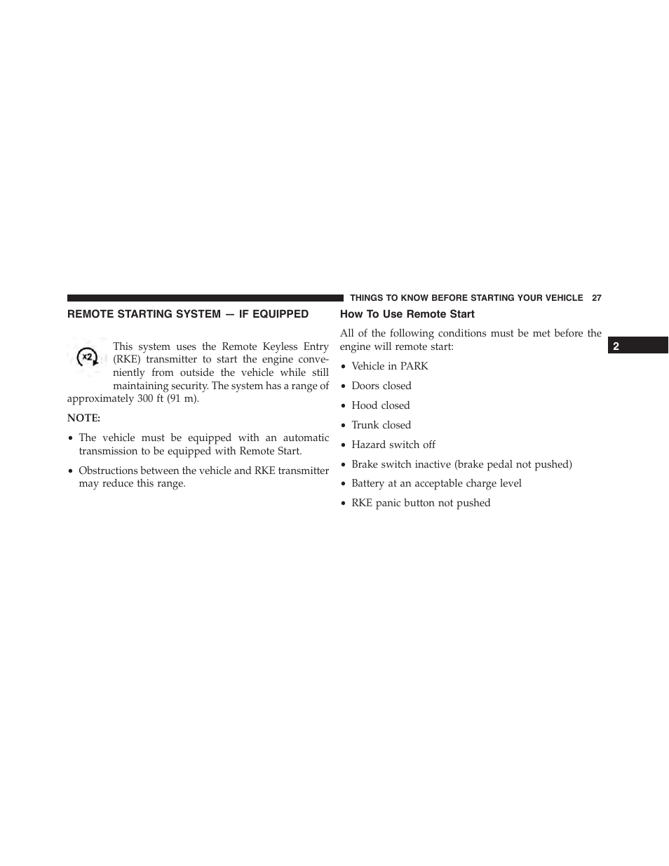 Remote starting system — if equipped, How to use remote start, Remote starting system | If equipped | Chrysler 2015 300 - Owner Manual User Manual | Page 29 / 584