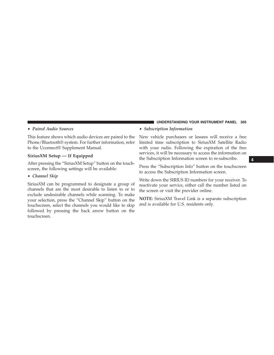 Siriusxm setup — if equipped | Chrysler 2015 300 - Owner Manual User Manual | Page 307 / 584