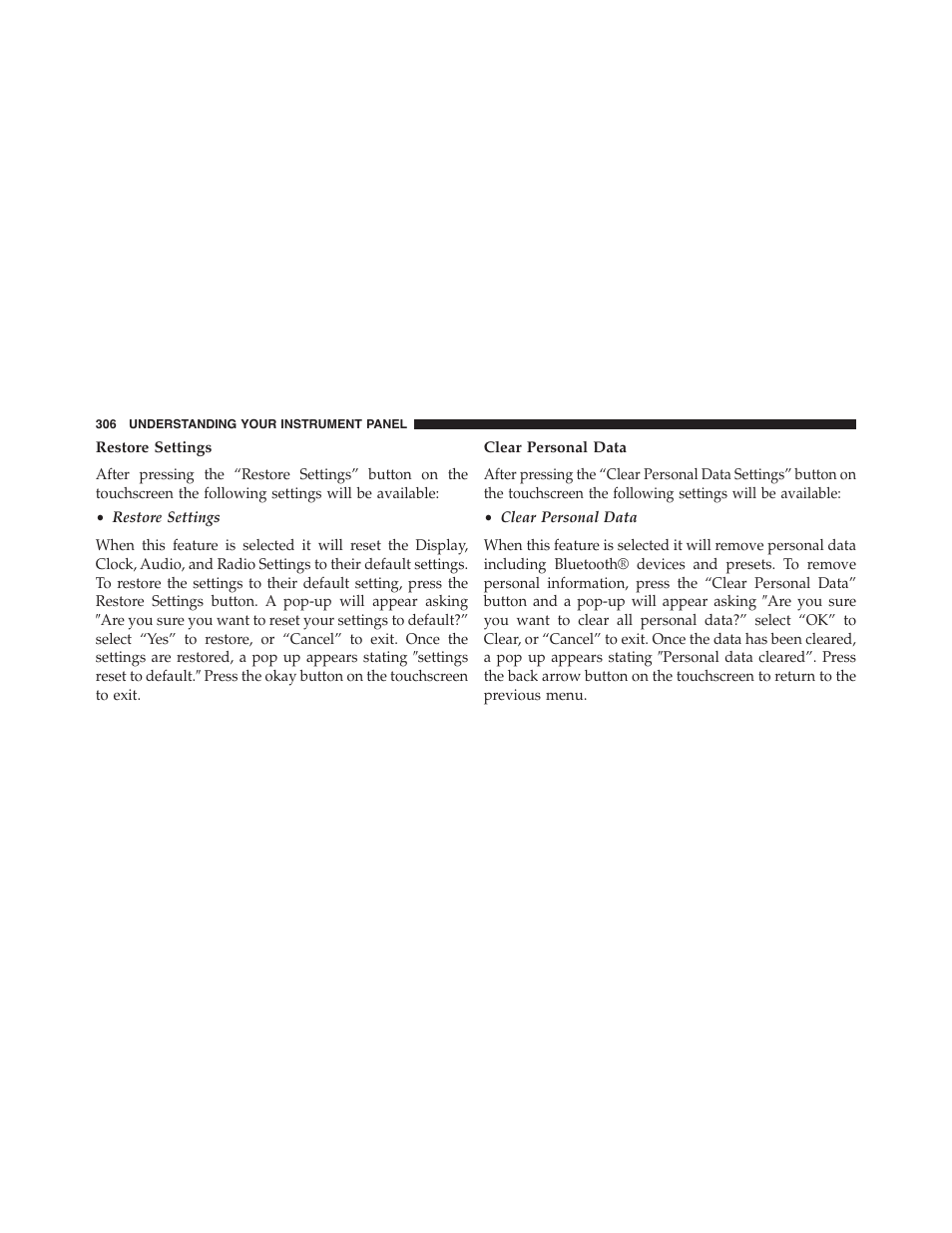 Restore settings, Clear personal data | Chrysler 2015 300 - Owner Manual User Manual | Page 308 / 584