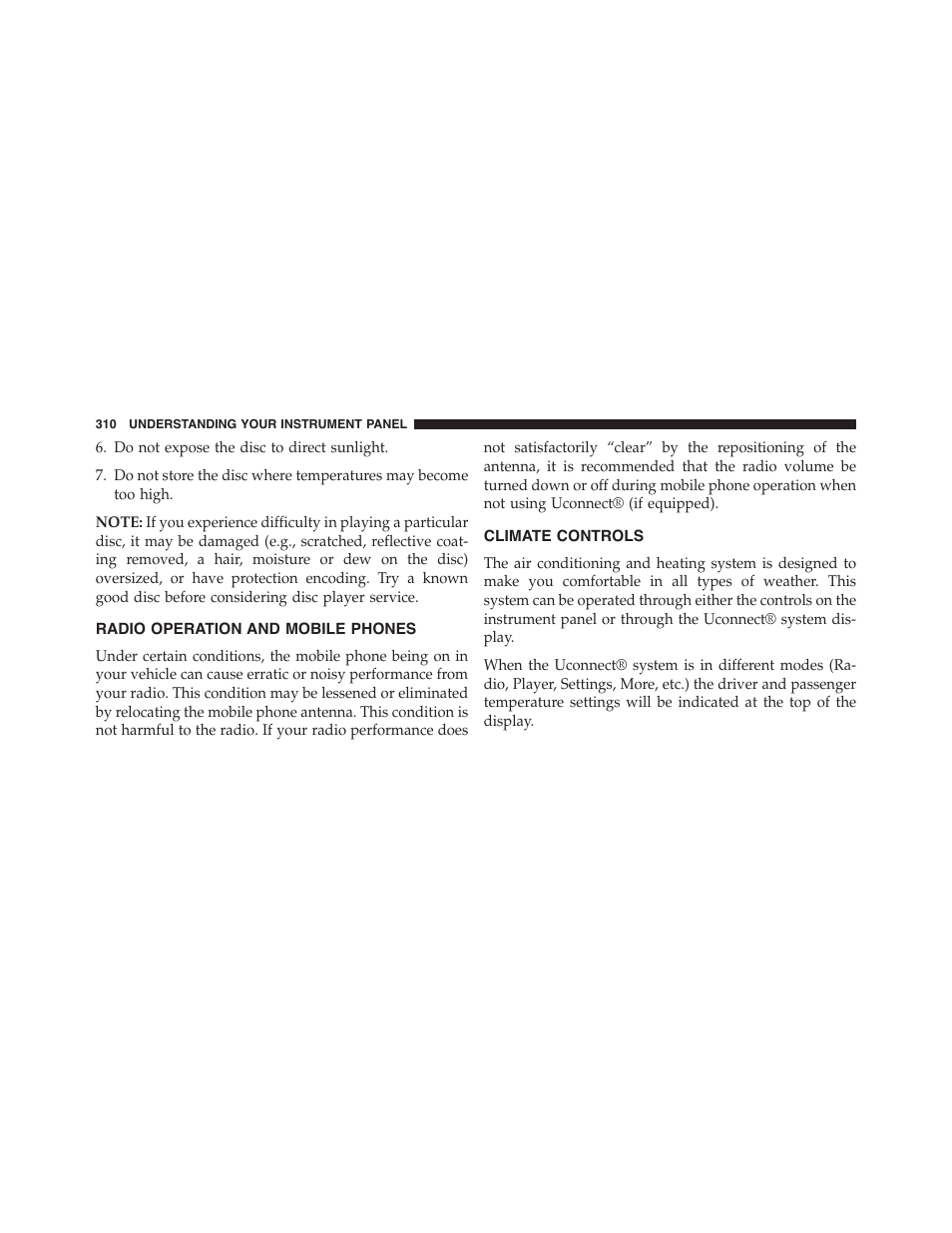 Radio operation and mobile phones, Climate controls | Chrysler 2015 300 - Owner Manual User Manual | Page 312 / 584