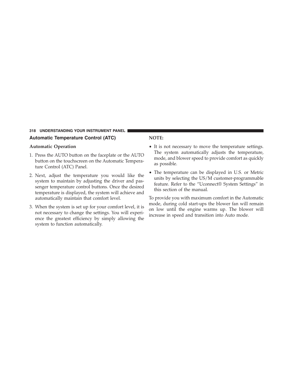 Automatic temperature control (atc), Automatic operation | Chrysler 2015 300 - Owner Manual User Manual | Page 320 / 584