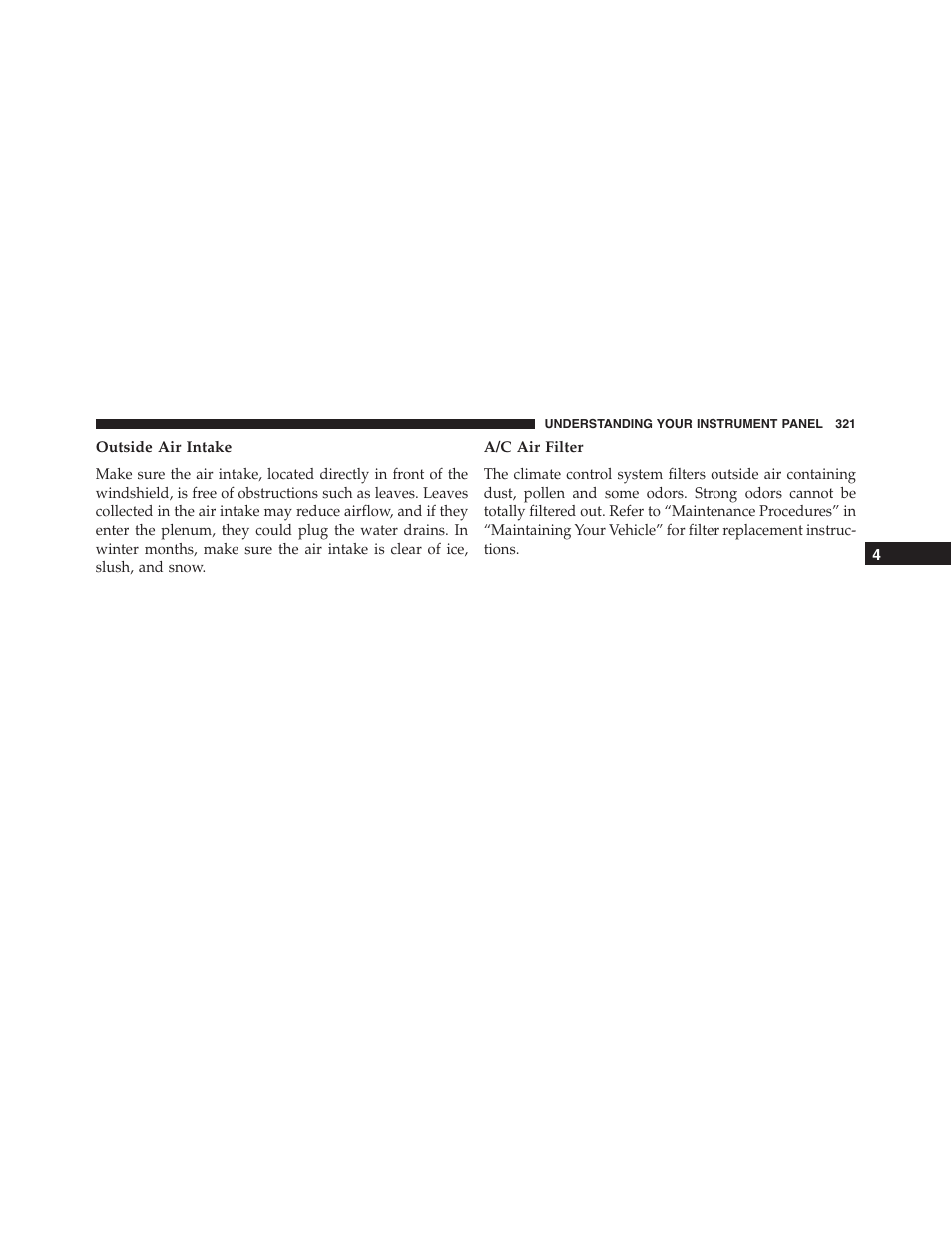 Outside air intake, A/c air filter | Chrysler 2015 300 - Owner Manual User Manual | Page 323 / 584