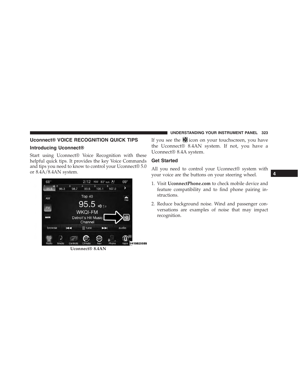 Uconnect® voice recognition quick tips, Introducing uconnect, Get started | Uconnect® voice recognition, Quick tips | Chrysler 2015 300 - Owner Manual User Manual | Page 325 / 584