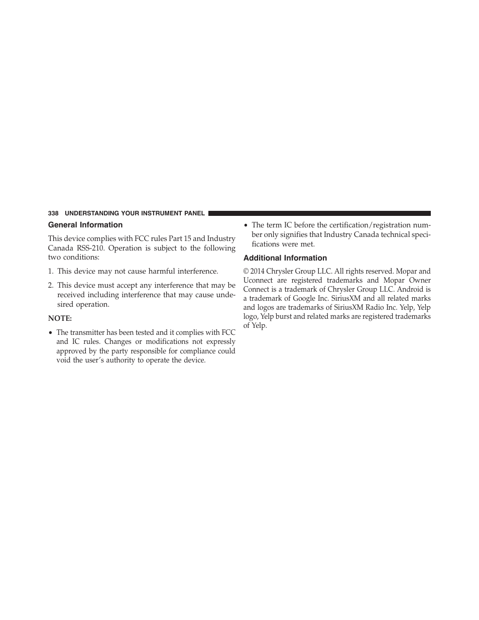 General information, Additional information | Chrysler 2015 300 - Owner Manual User Manual | Page 340 / 584