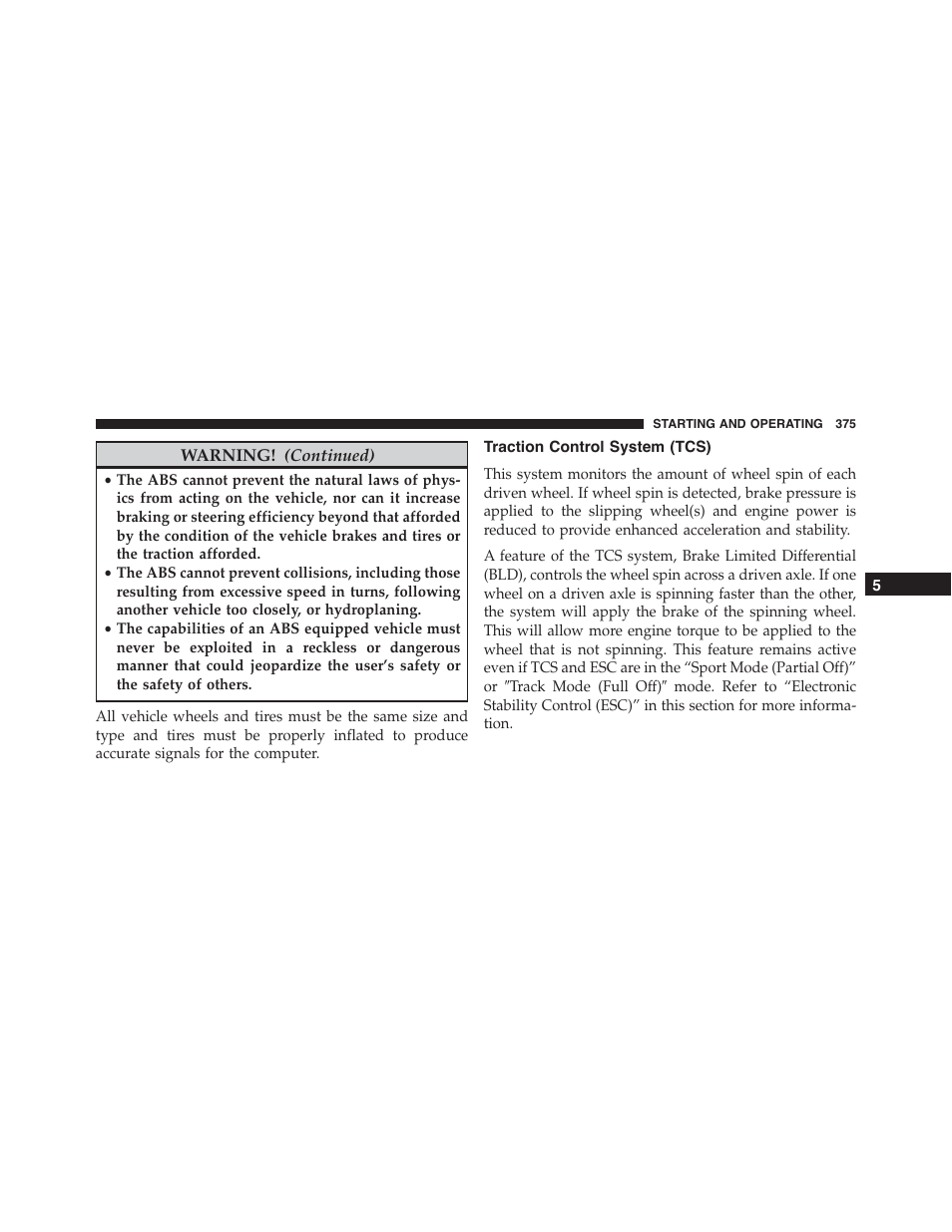 Traction control system (tcs) | Chrysler 2015 300 - Owner Manual User Manual | Page 377 / 584