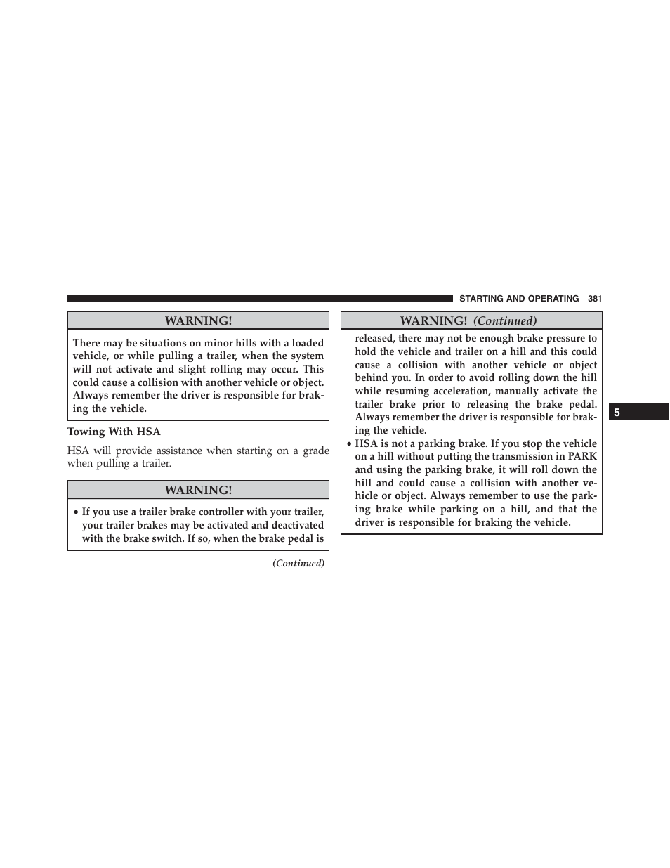 Towing with hsa | Chrysler 2015 300 - Owner Manual User Manual | Page 383 / 584