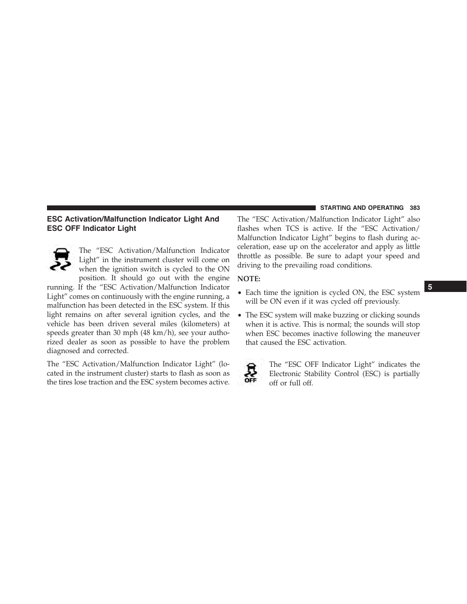 Esc activation/malfunction indicator light, And esc off indicator light | Chrysler 2015 300 - Owner Manual User Manual | Page 385 / 584