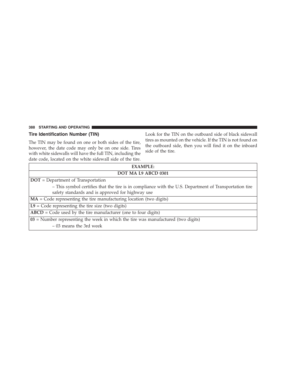 Tire identification number (tin) | Chrysler 2015 300 - Owner Manual User Manual | Page 390 / 584