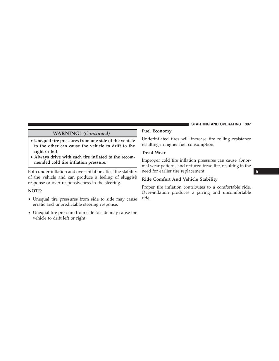 Fuel economy, Tread wear, Ride comfort and vehicle stability | Chrysler 2015 300 - Owner Manual User Manual | Page 399 / 584