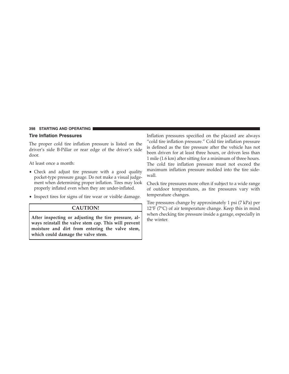Tire inflation pressures | Chrysler 2015 300 - Owner Manual User Manual | Page 400 / 584
