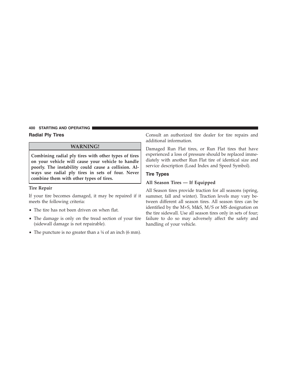Radial ply tires, Tire types, All season tires — if equipped | Chrysler 2015 300 - Owner Manual User Manual | Page 402 / 584