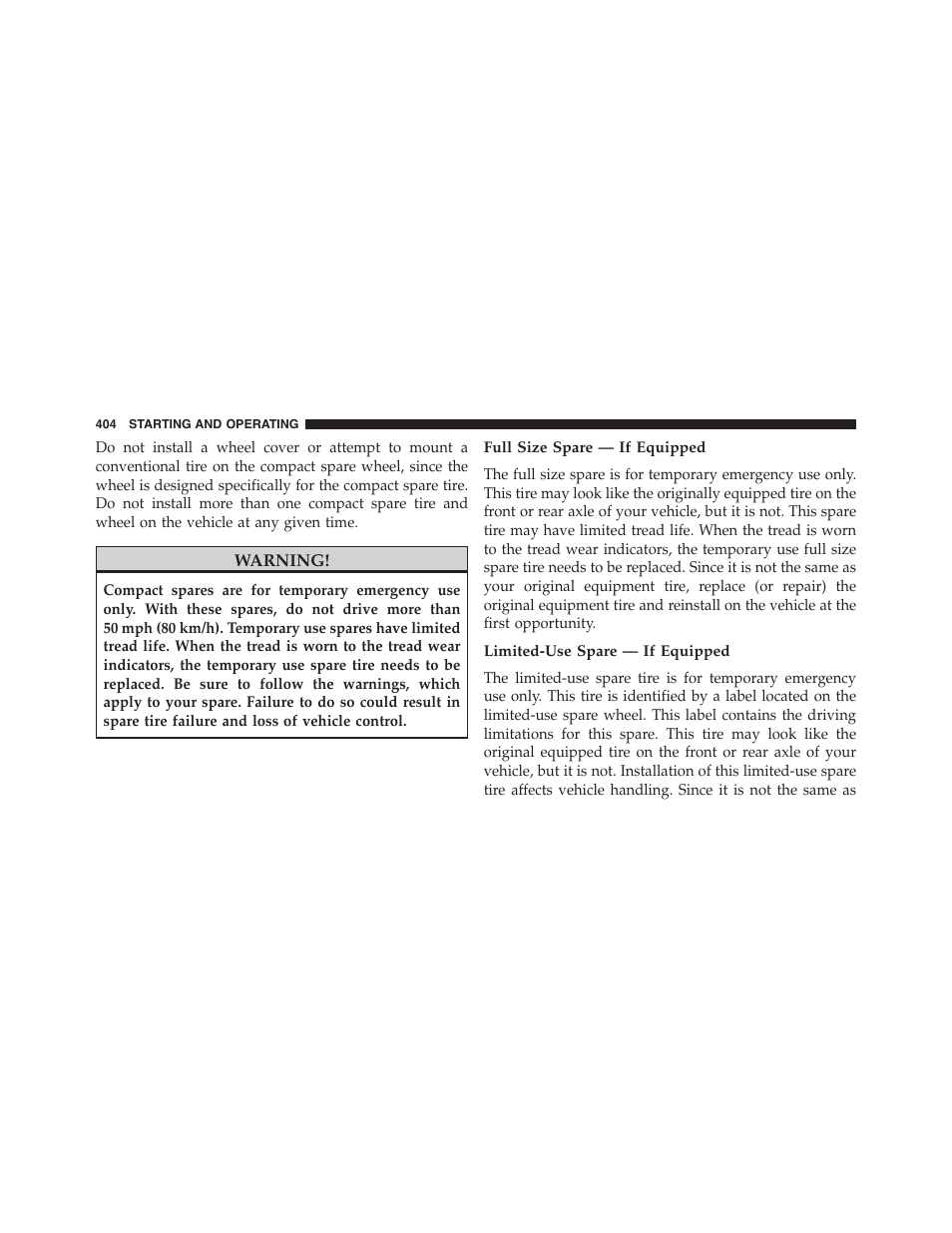 Full size spare — if equipped, Limited-use spare — if equipped | Chrysler 2015 300 - Owner Manual User Manual | Page 406 / 584