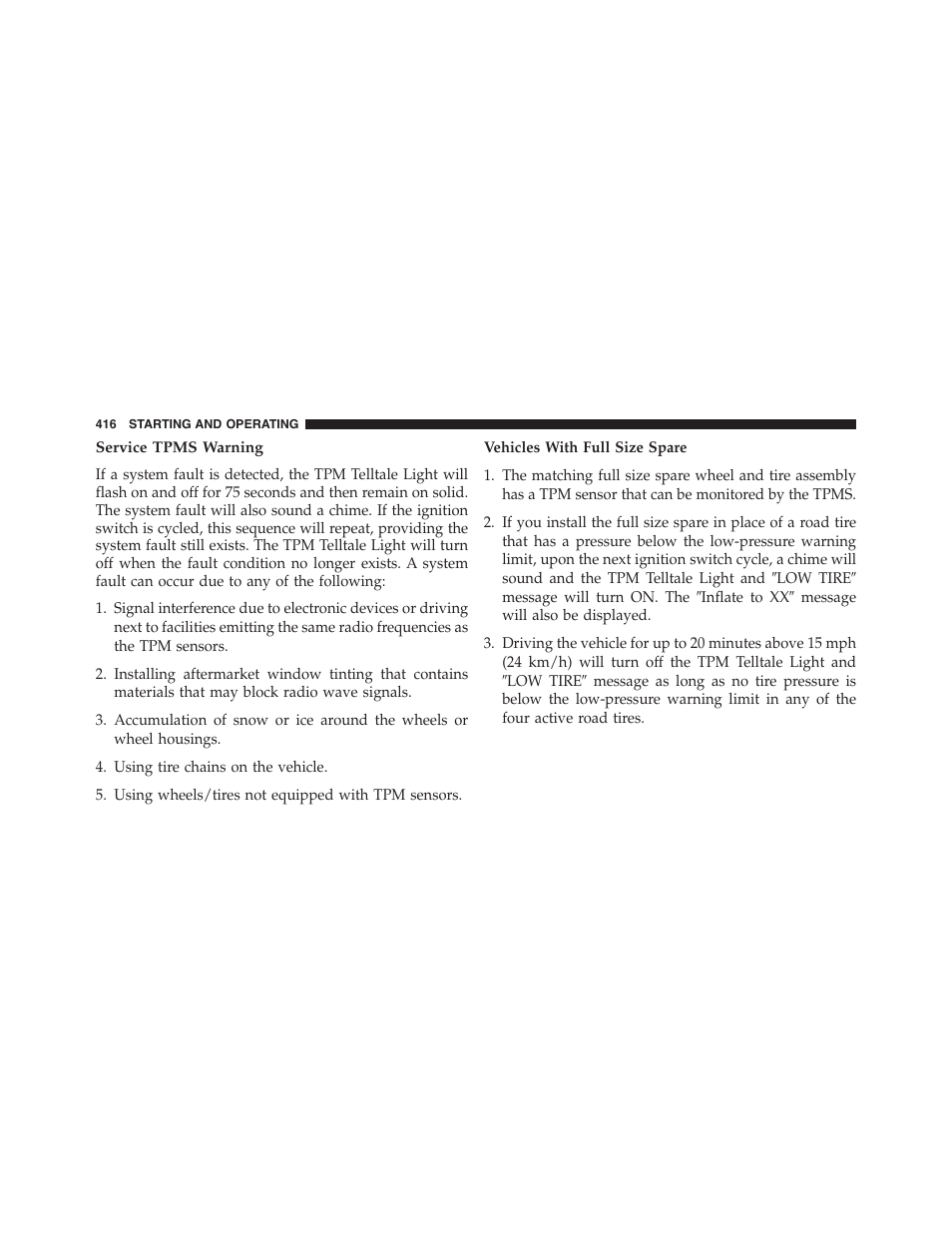 Service tpms warning | Chrysler 2015 300 - Owner Manual User Manual | Page 418 / 584