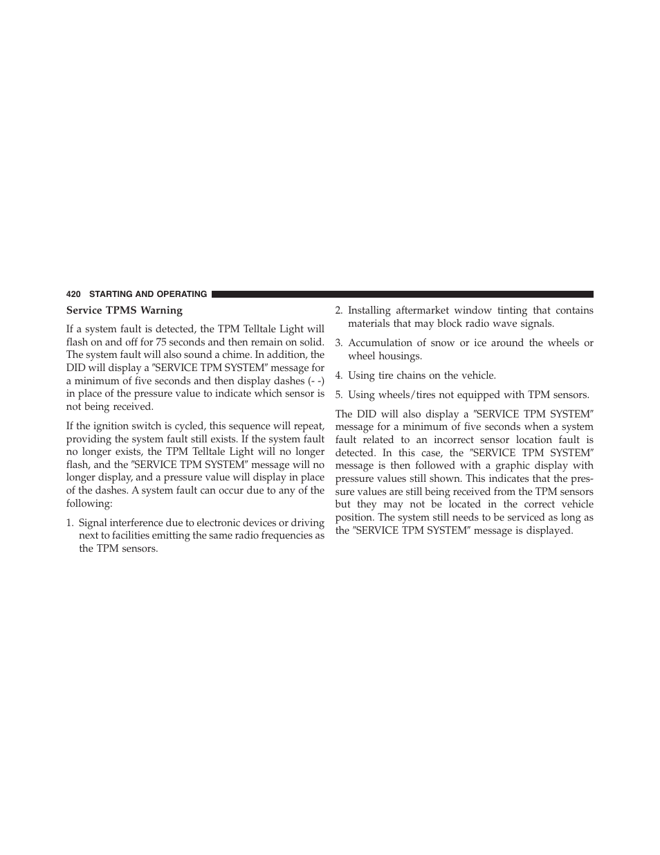 Service tpms warning | Chrysler 2015 300 - Owner Manual User Manual | Page 422 / 584