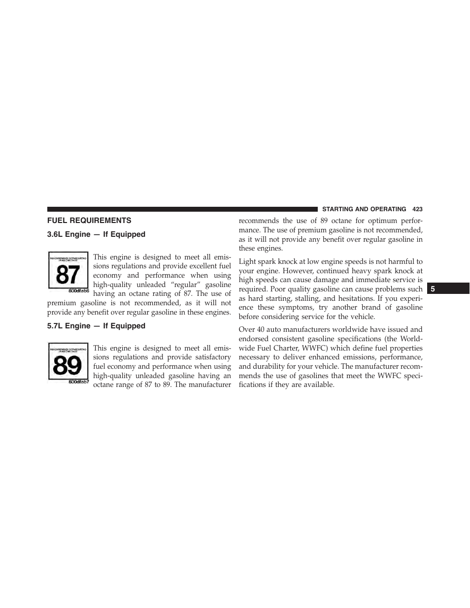 Fuel requirements, 6l engine — if equipped, 7l engine — if equipped | Chrysler 2015 300 - Owner Manual User Manual | Page 425 / 584