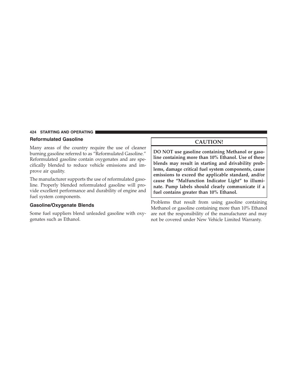 Reformulated gasoline, Gasoline/oxygenate blends | Chrysler 2015 300 - Owner Manual User Manual | Page 426 / 584
