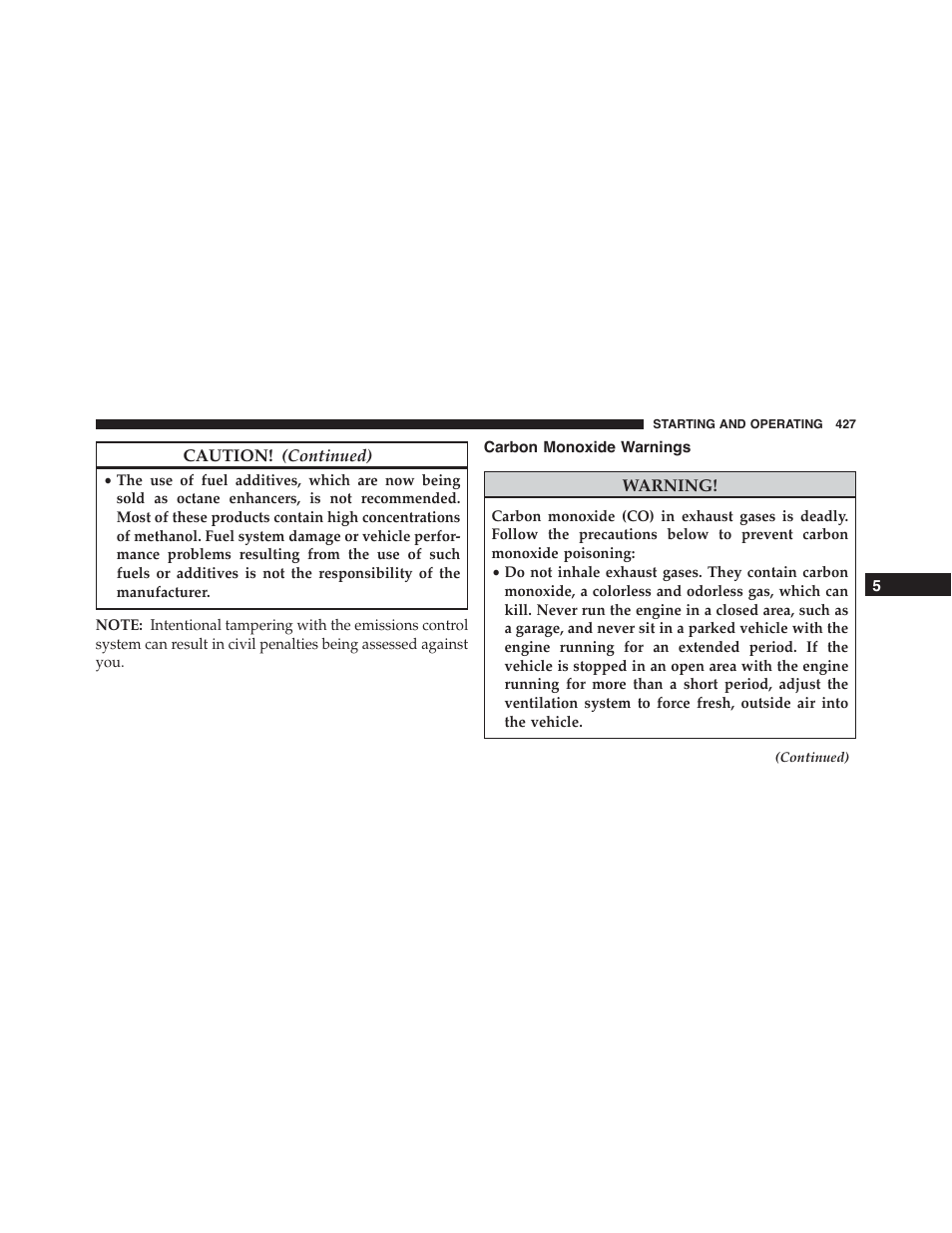 Carbon monoxide warnings | Chrysler 2015 300 - Owner Manual User Manual | Page 429 / 584