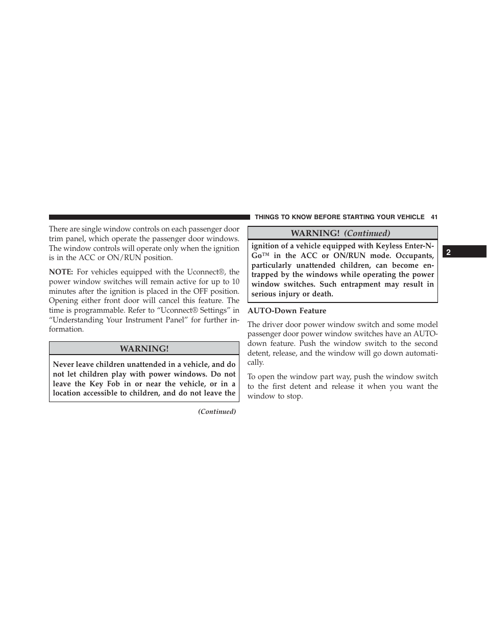 Auto-down feature | Chrysler 2015 300 - Owner Manual User Manual | Page 43 / 584