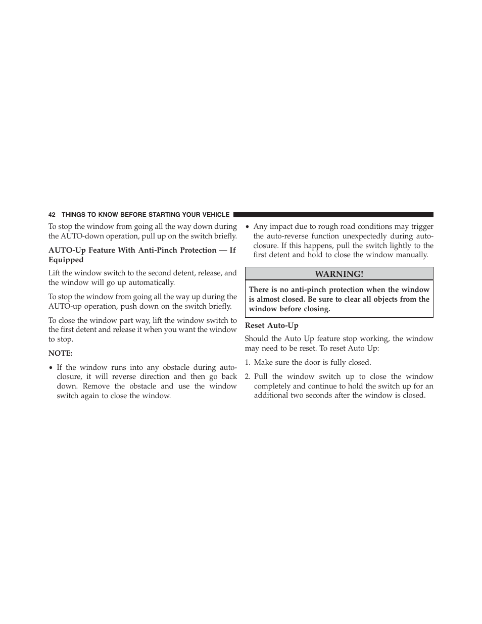 Reset auto-up | Chrysler 2015 300 - Owner Manual User Manual | Page 44 / 584