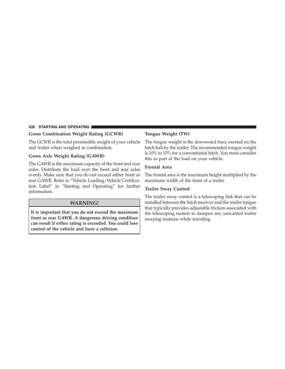 Gross combination weight rating (gcwr), Gross axle weight rating (gawr), Tongue weight (tw) | Frontal area, Trailer sway control | Chrysler 2015 300 - Owner Manual User Manual | Page 440 / 584