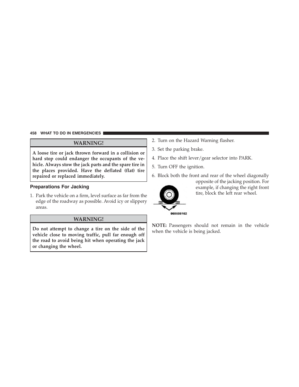 Preparations for jacking | Chrysler 2015 300 - Owner Manual User Manual | Page 460 / 584