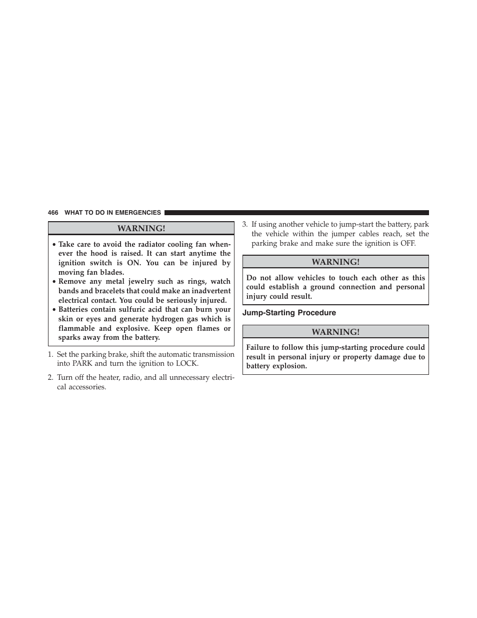 Jump-starting procedure | Chrysler 2015 300 - Owner Manual User Manual | Page 468 / 584