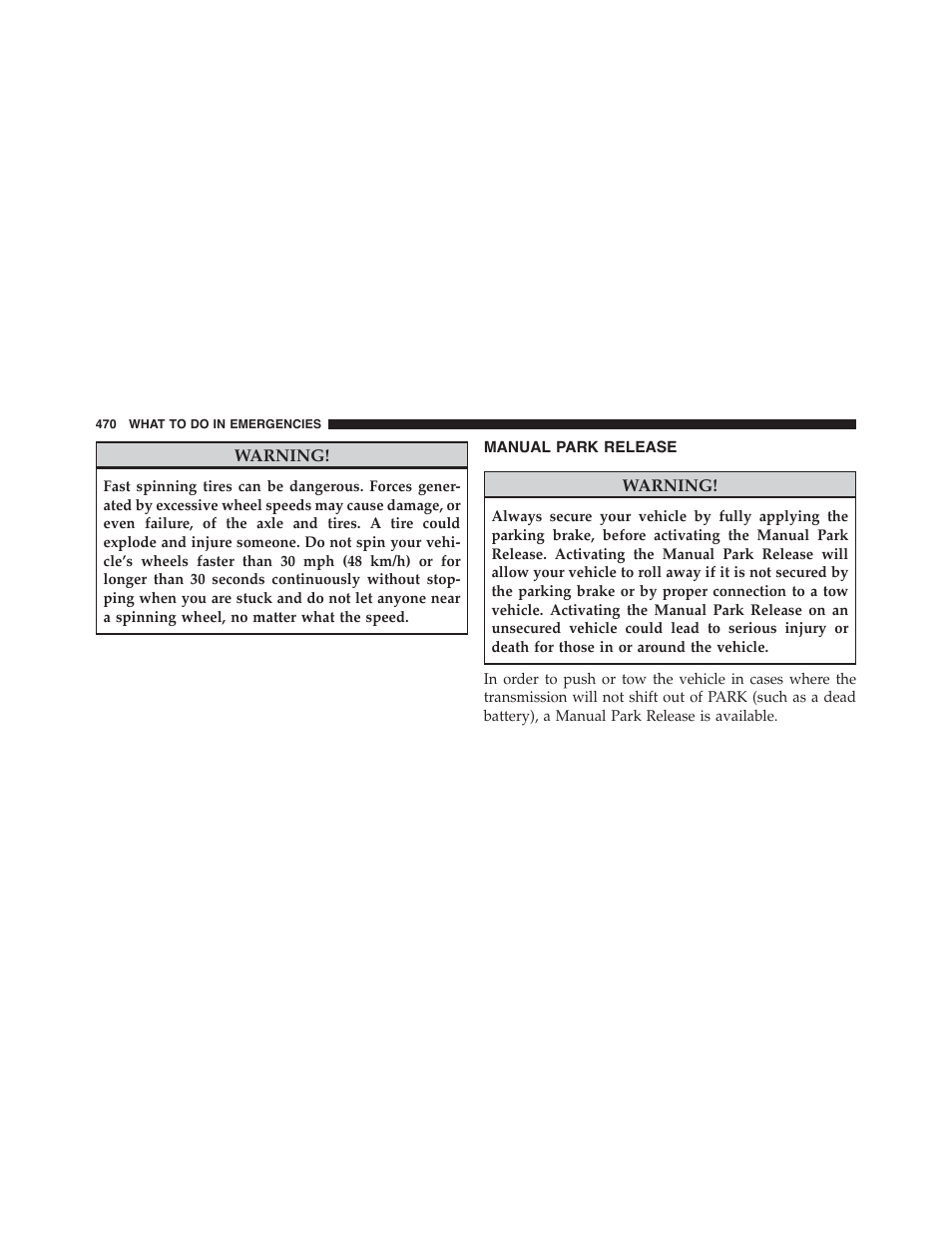 Manual park release | Chrysler 2015 300 - Owner Manual User Manual | Page 472 / 584