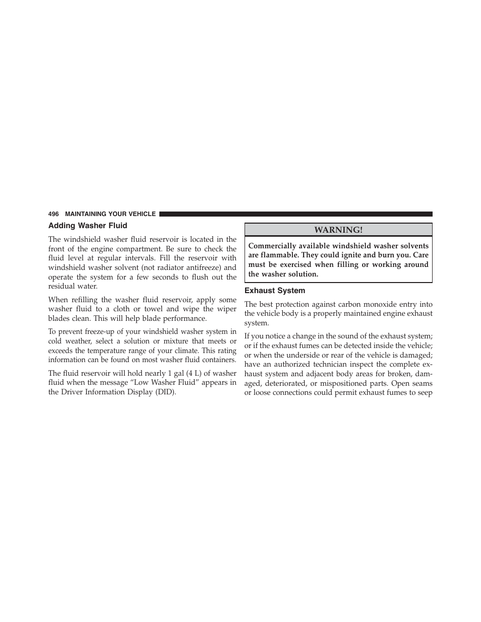 Adding washer fluid, Exhaust system | Chrysler 2015 300 - Owner Manual User Manual | Page 498 / 584