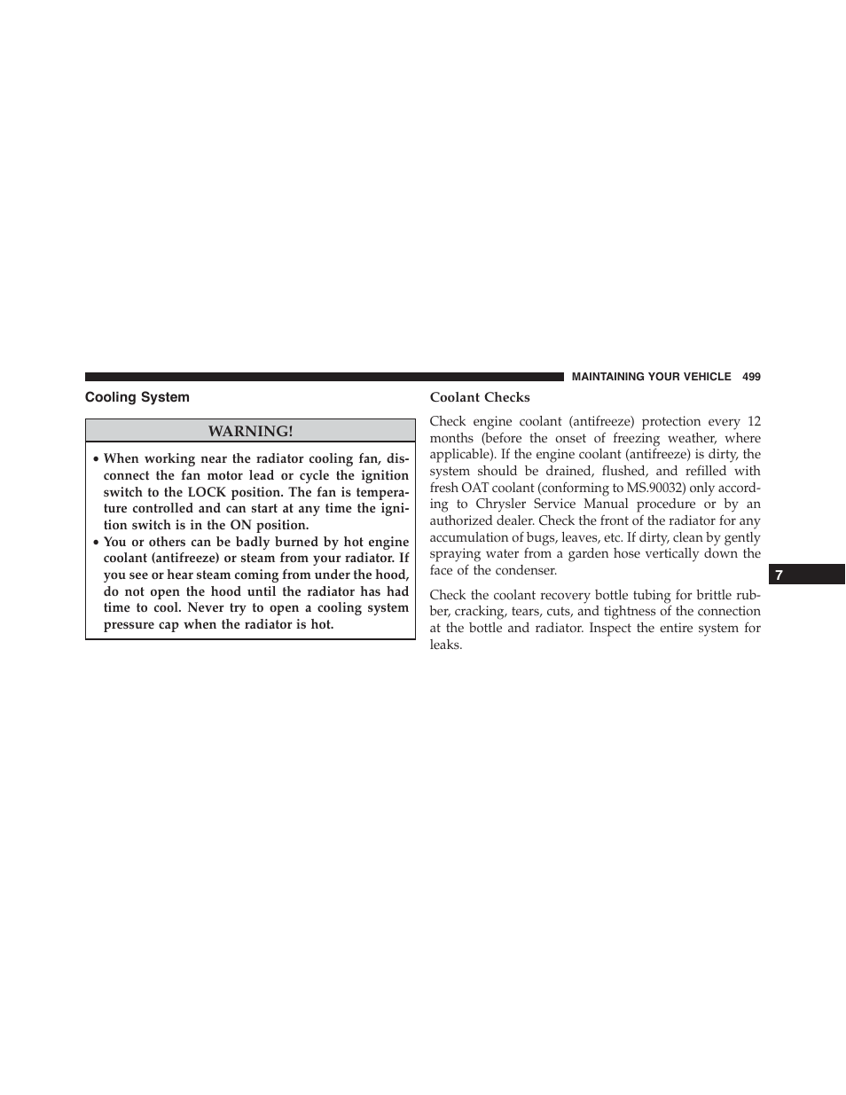 Cooling system, Coolant checks | Chrysler 2015 300 - Owner Manual User Manual | Page 501 / 584