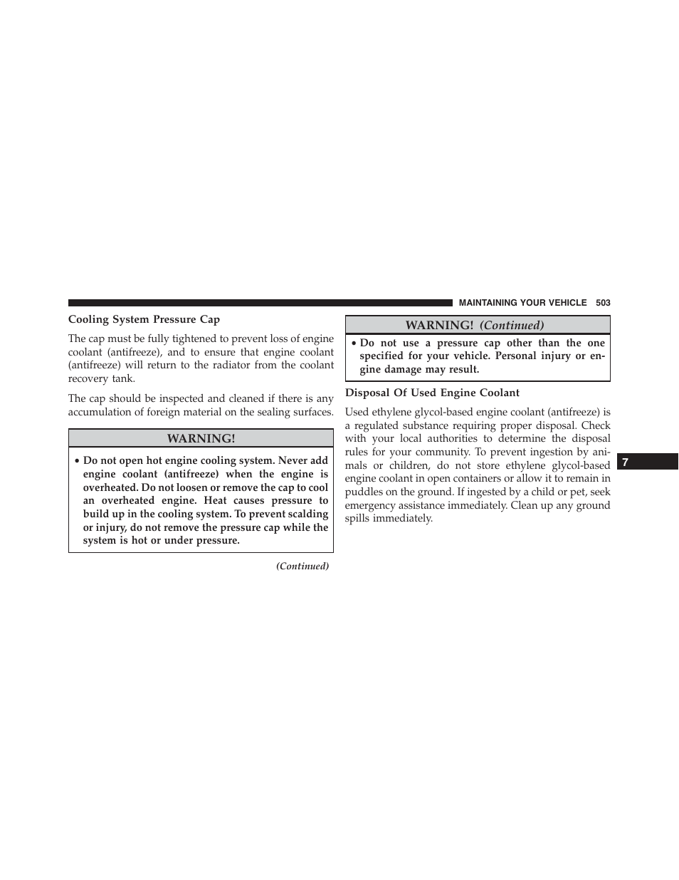 Cooling system pressure cap, Disposal of used engine coolant | Chrysler 2015 300 - Owner Manual User Manual | Page 505 / 584