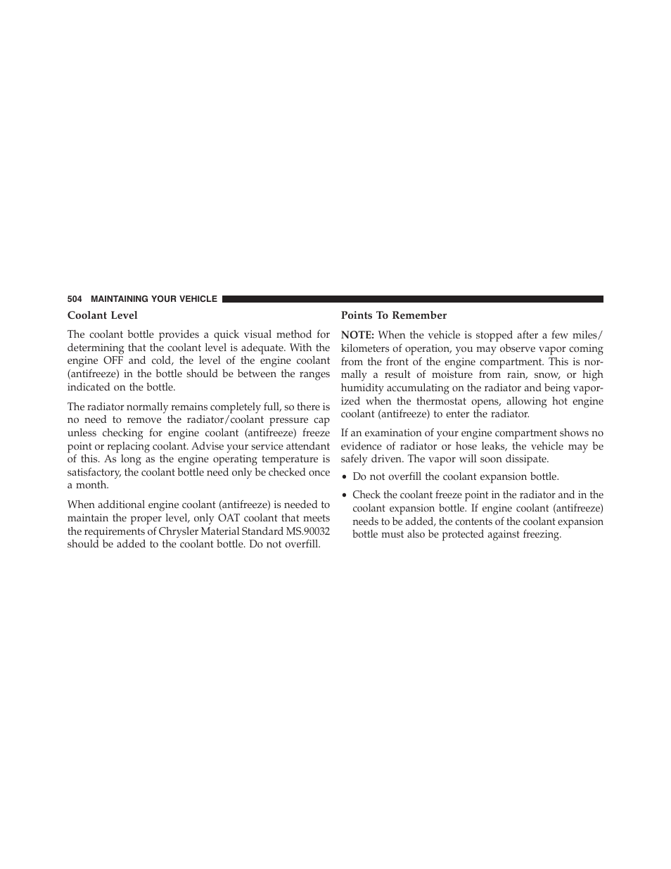 Coolant level, Points to remember | Chrysler 2015 300 - Owner Manual User Manual | Page 506 / 584