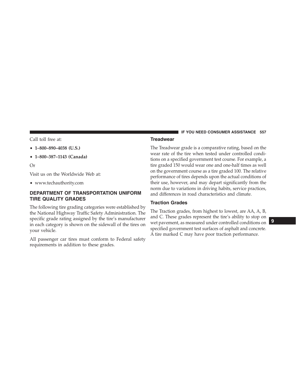 Treadwear, Traction grades, Department of transportation uniform | Tire quality grades | Chrysler 2015 300 - Owner Manual User Manual | Page 559 / 584