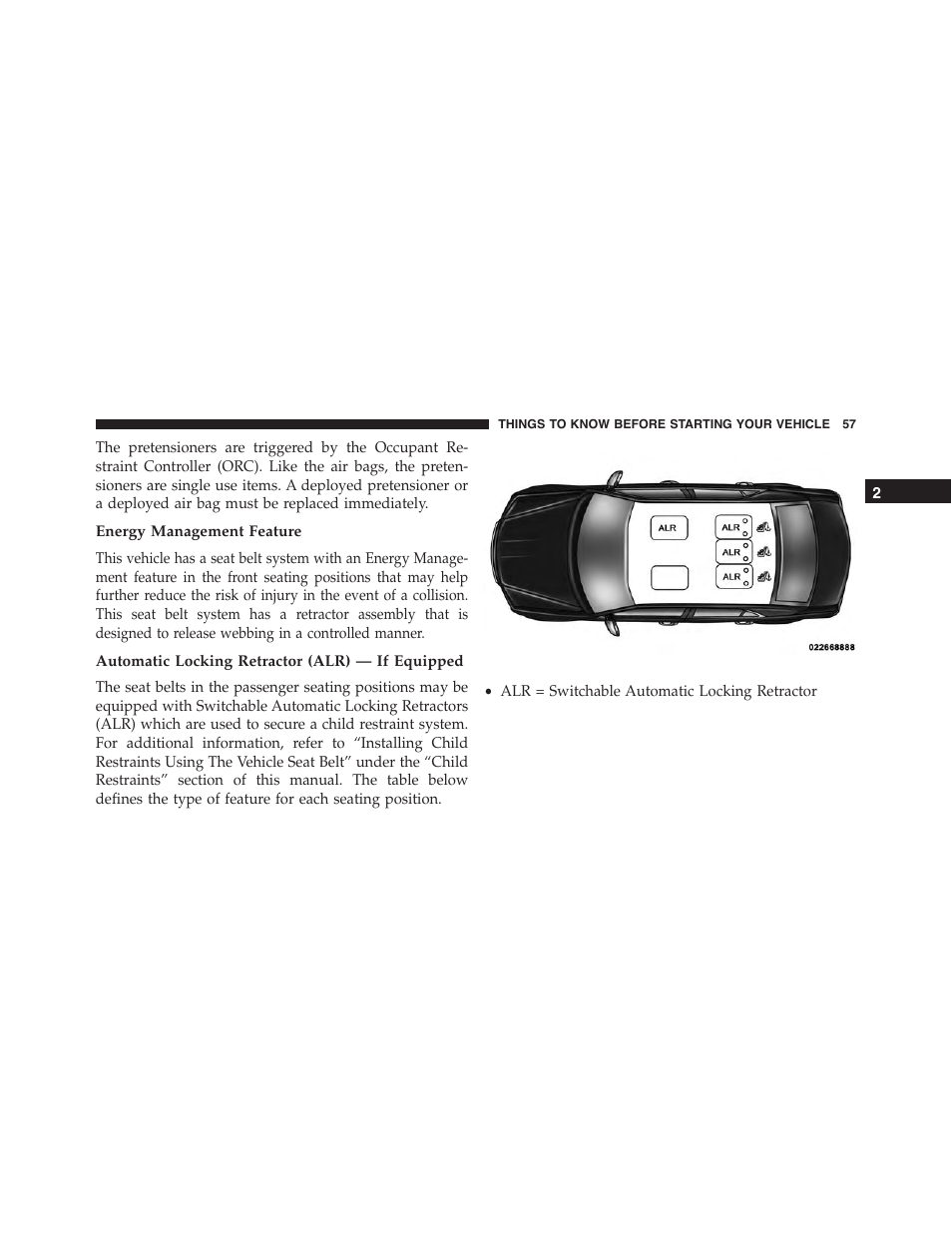 Energy management feature, Automatic locking retractor (alr) — if equipped | Chrysler 2015 300 - Owner Manual User Manual | Page 59 / 584