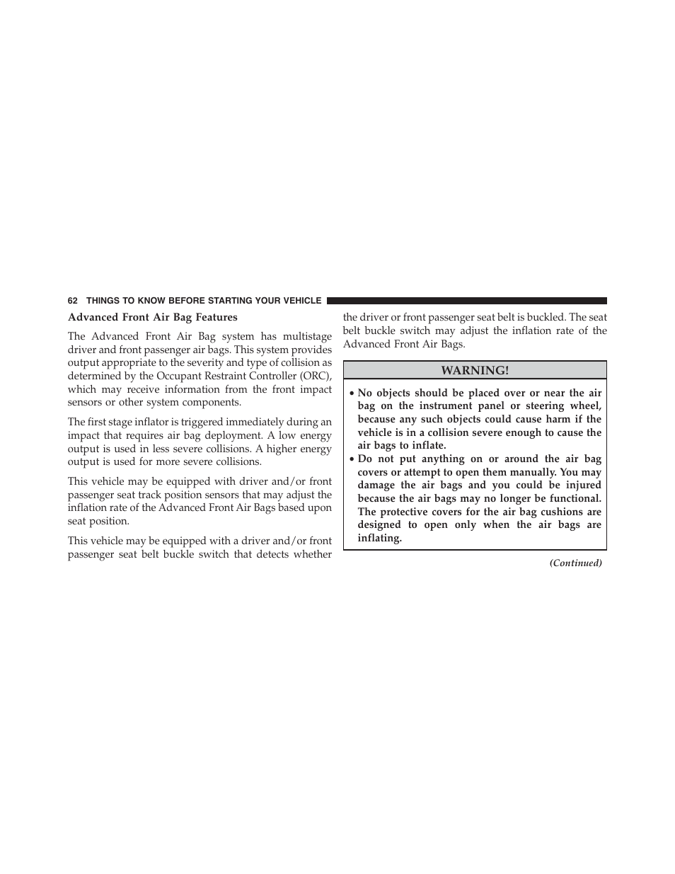 Advanced front air bag features | Chrysler 2015 300 - Owner Manual User Manual | Page 64 / 584