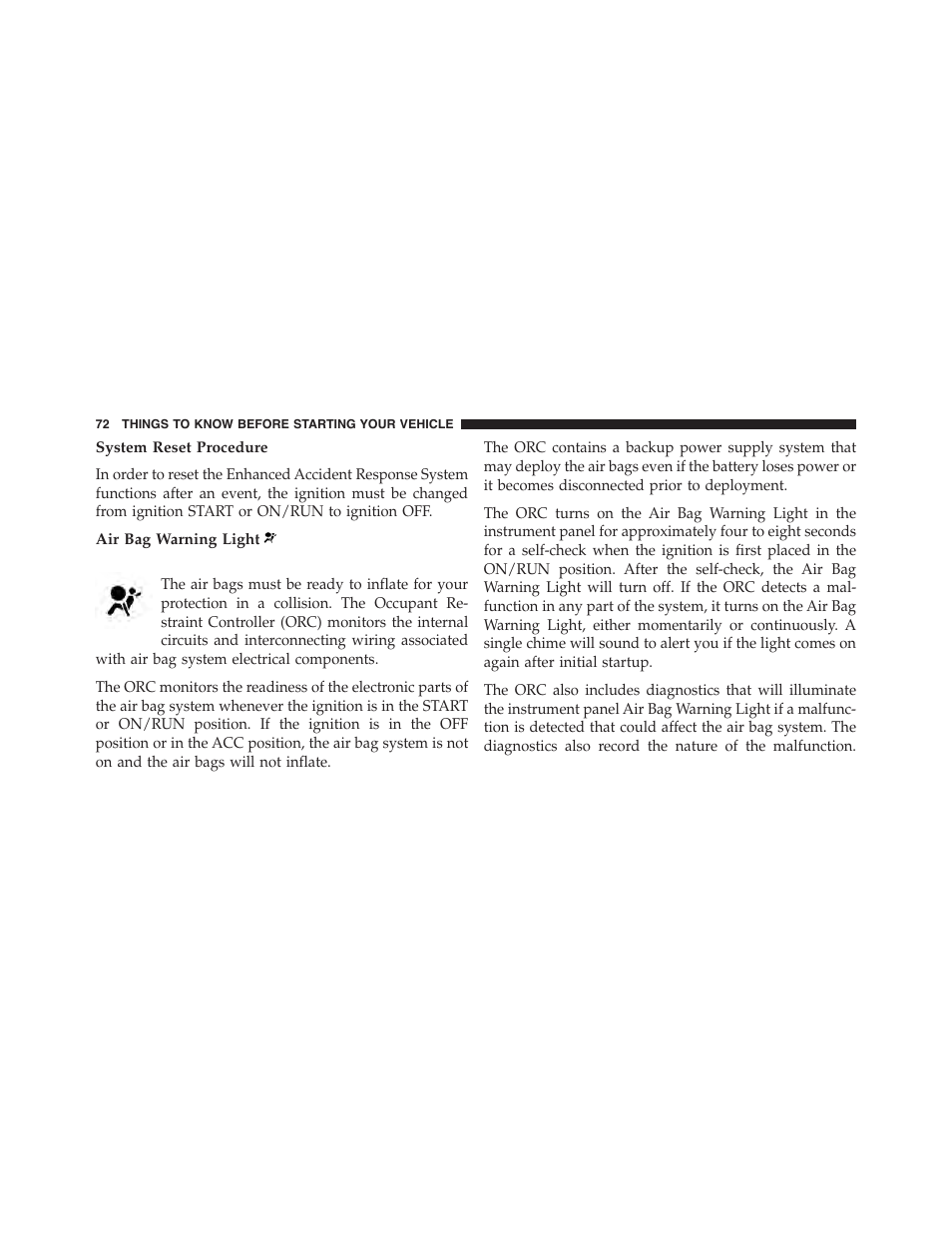 System reset procedure, Air bag warning light | Chrysler 2015 300 - Owner Manual User Manual | Page 74 / 584