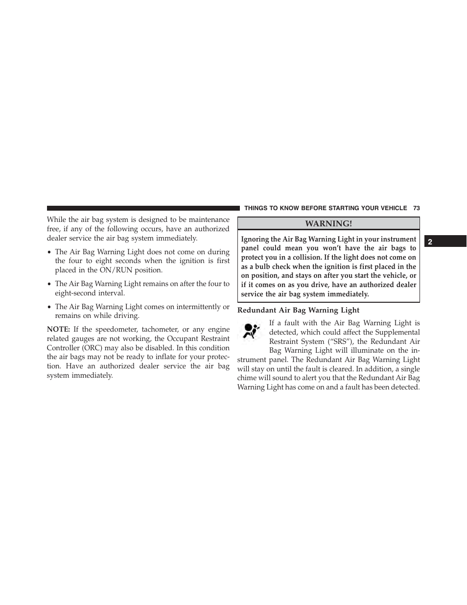 Redundant air bag warning light | Chrysler 2015 300 - Owner Manual User Manual | Page 75 / 584