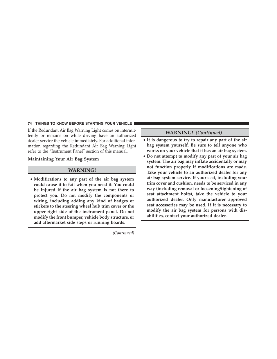 Maintaining your air bag system | Chrysler 2015 300 - Owner Manual User Manual | Page 76 / 584