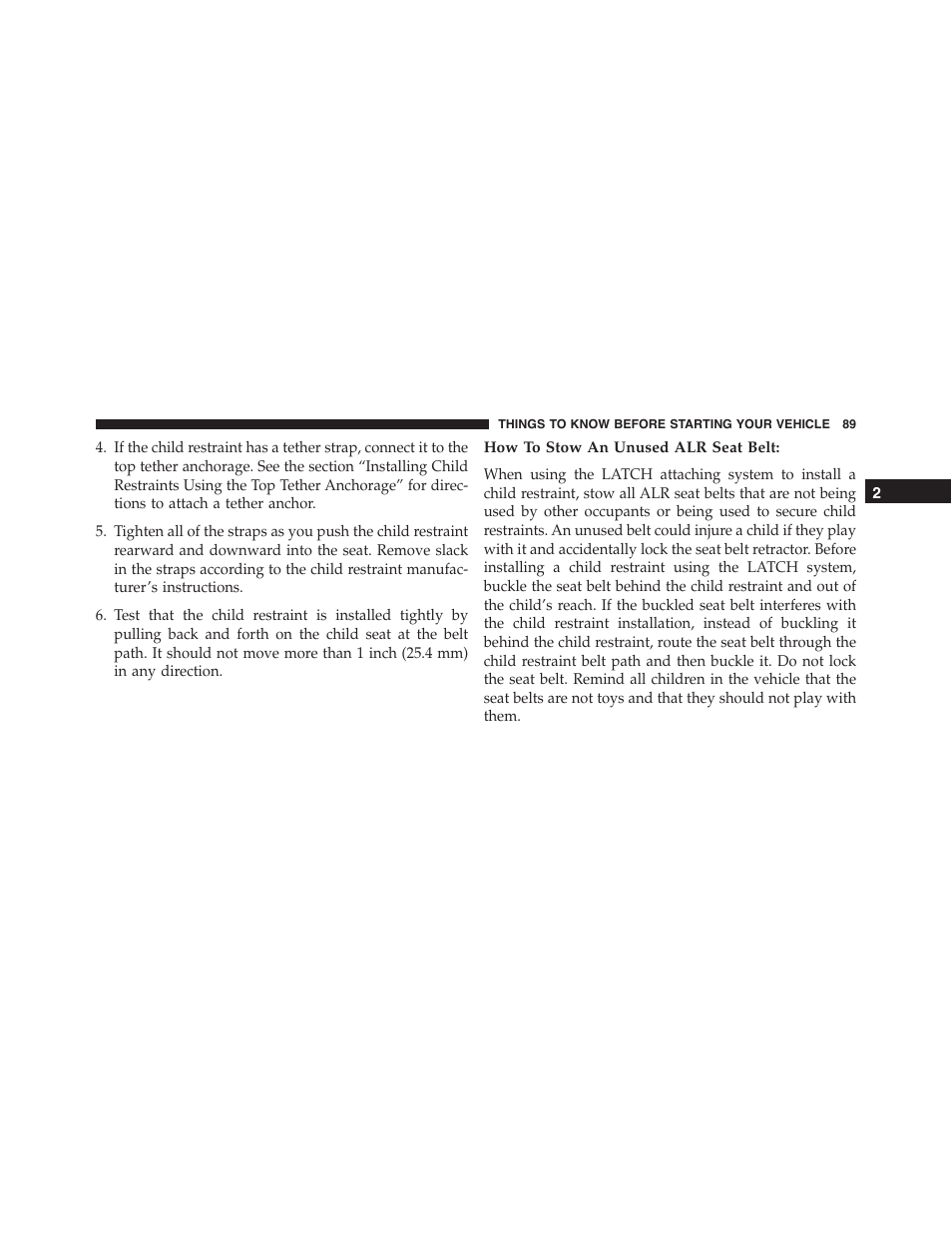 How to stow an unused alr seat belt | Chrysler 2015 300 - Owner Manual User Manual | Page 91 / 584