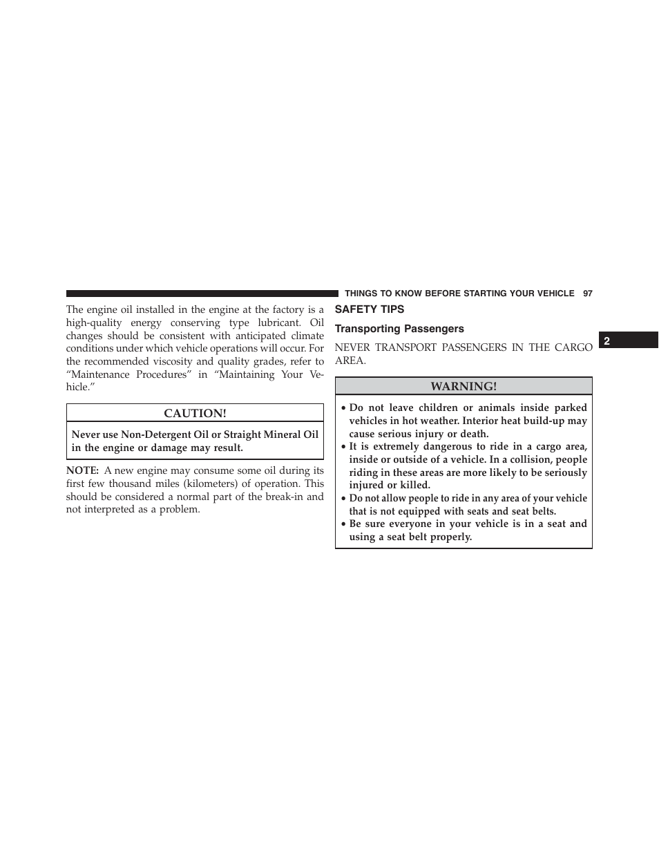 Safety tips, Transporting passengers | Chrysler 2015 300 - Owner Manual User Manual | Page 99 / 584