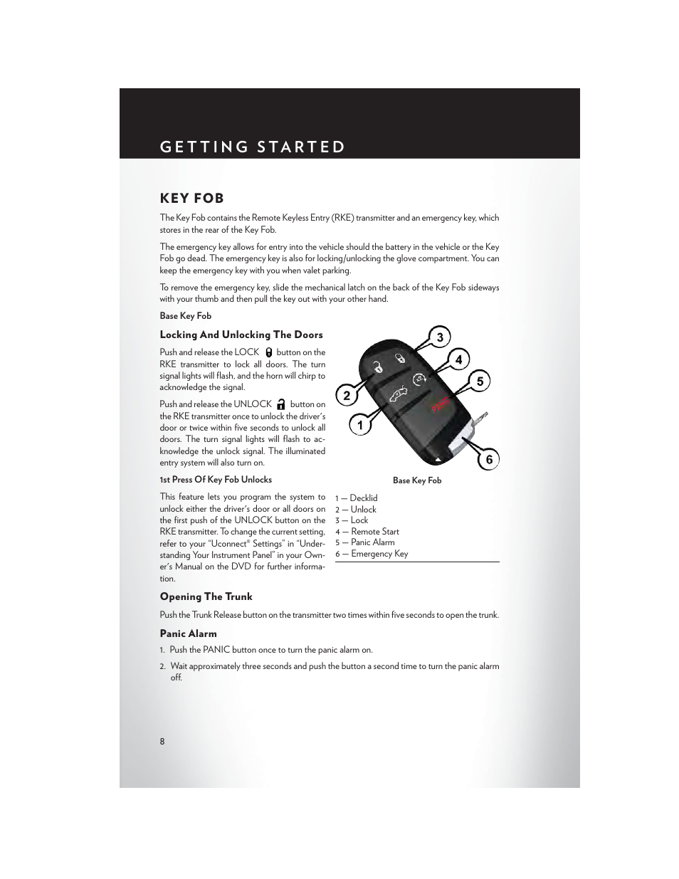 Getting started, Key fob, Locking and unlocking the doors | Opening the trunk, Panic alarm | Chrysler 2015 300 - User Guide User Manual | Page 10 / 188